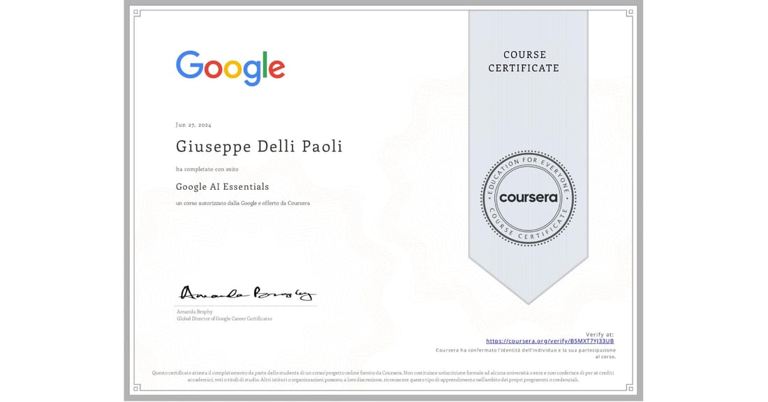Certificato Google AI Essentials rilasciato su Coursera